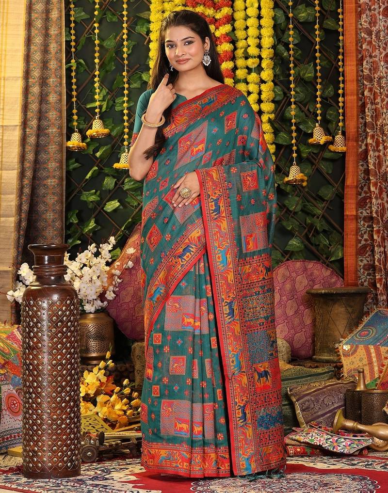 rama green color woven  embroidered work linene cotton saree