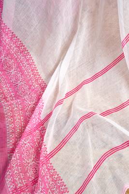 White digital printed linen ready to wear designer saree with unstitched blouse 8