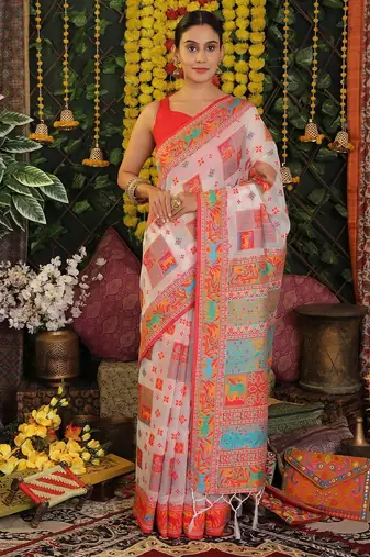 white color woven  embroidered work linene cotton saree