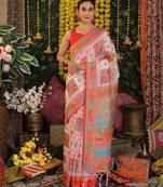 white color woven  embroidered work linene cotton saree