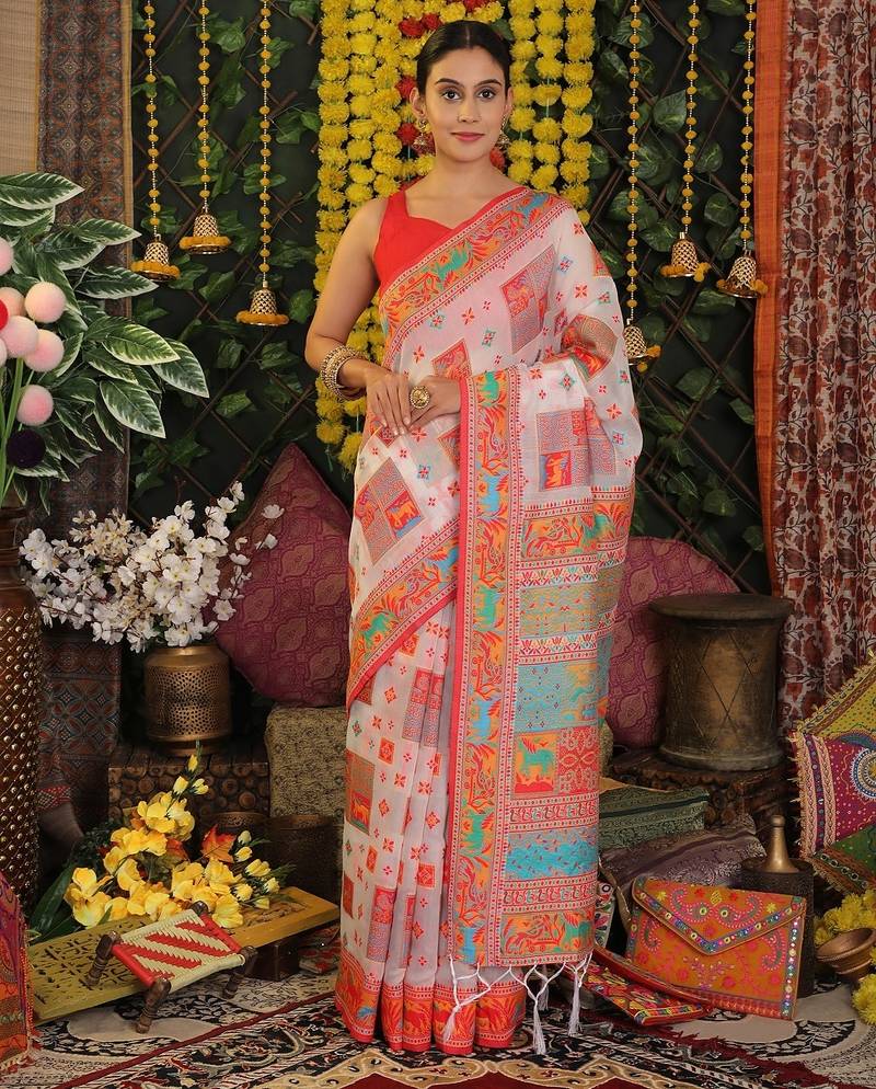 white color woven  embroidered work linene cotton saree