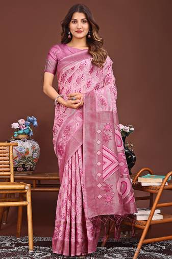 pink color woven linen cotton saree 