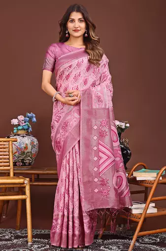 pink color woven linen cotton saree 