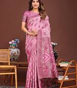 pink color woven linen cotton saree 