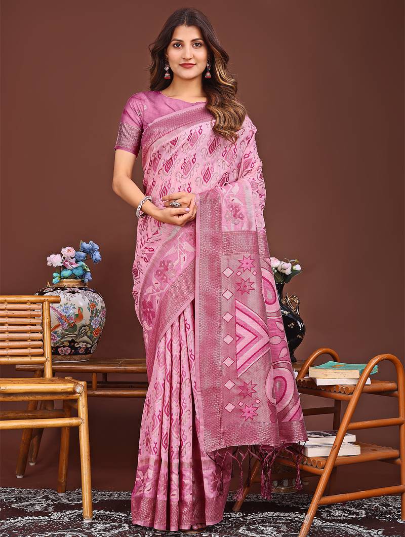 pink color woven linen cotton saree 