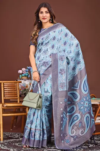 sky blue color woven linen cotton saree 