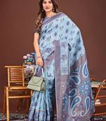 sky blue color woven linen cotton saree 