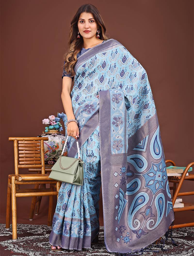 sky blue color woven linen cotton saree 