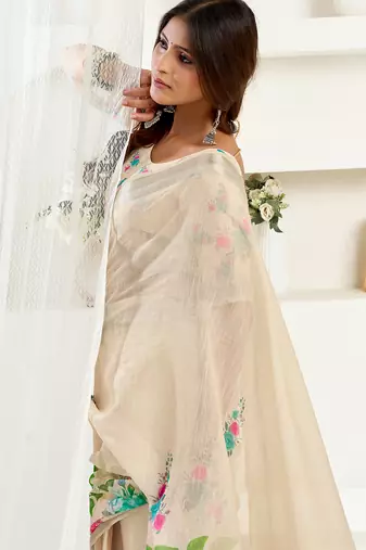 Cream digital printed linen ready to wear designer saree with unstitched blouse