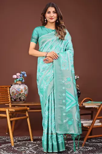 sea green color woven linen cotton saree 