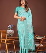 sea green color woven linen cotton saree 