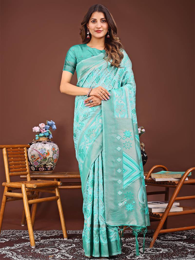 sea green color woven linen cotton saree 