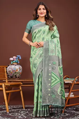 light green color woven linen cotton saree 