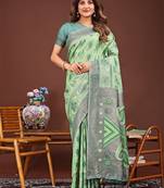 light green color woven linen cotton saree 