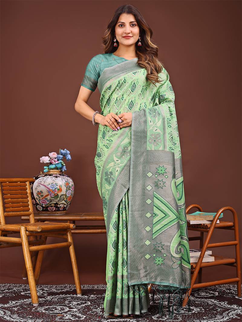light green color woven linen cotton saree 