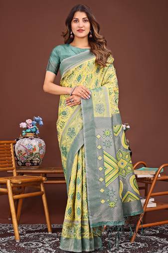 yellow color woven linen cotton saree 
