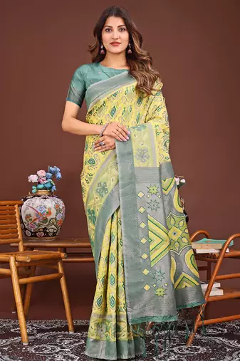 yellow color woven linen cotton saree 