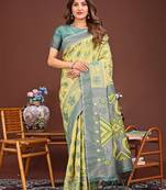 yellow color woven linen cotton saree 