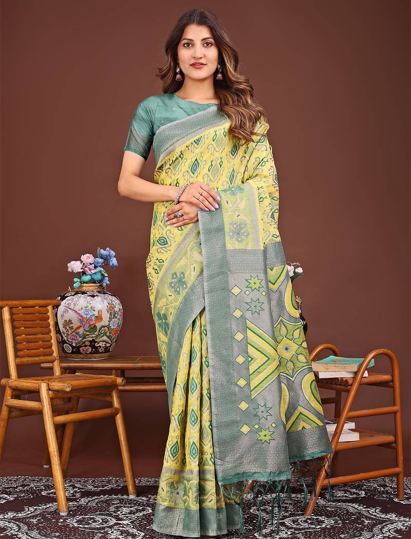yellow color woven linen cotton saree 