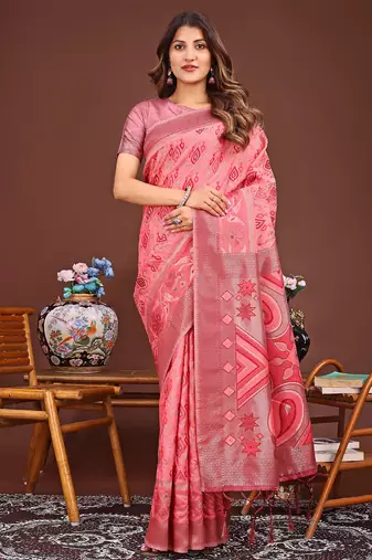 peach color woven linen cotton saree 