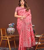 peach color woven linen cotton saree 