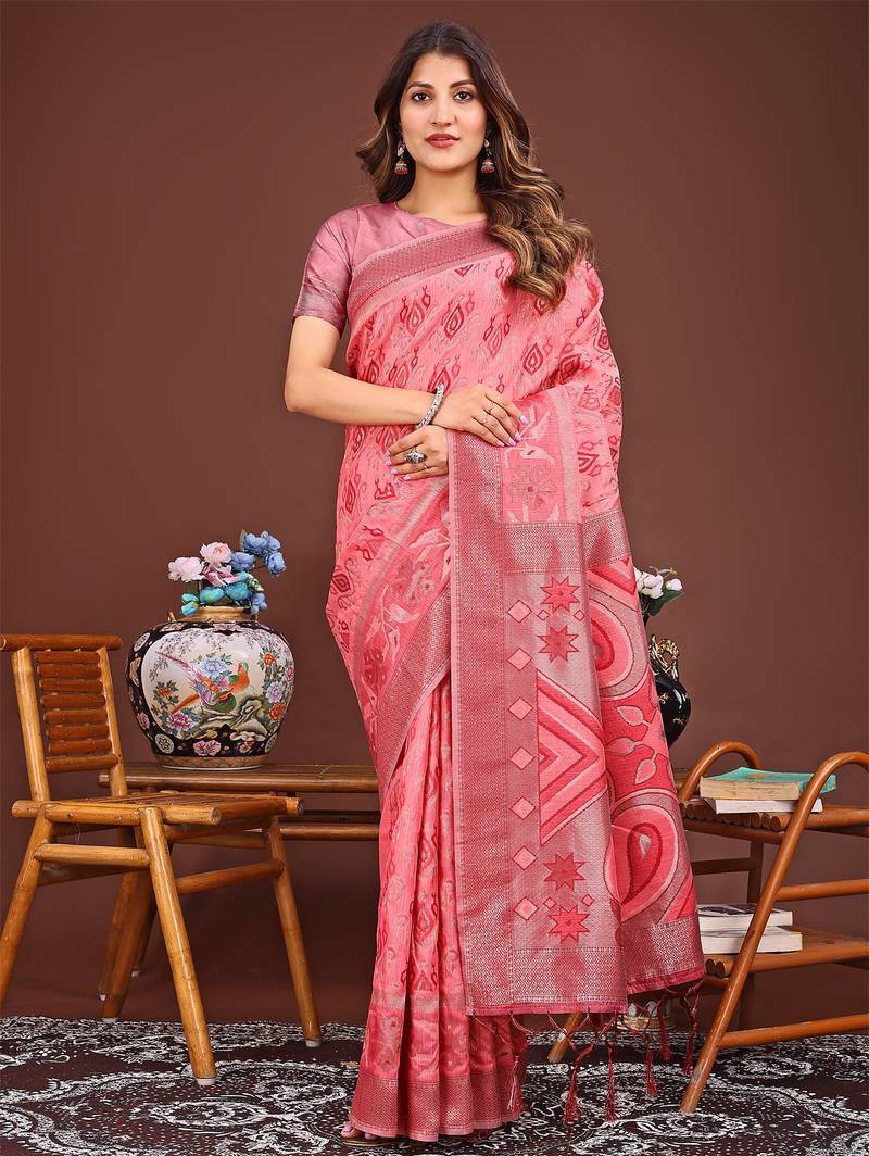 peach color woven linen cotton saree 