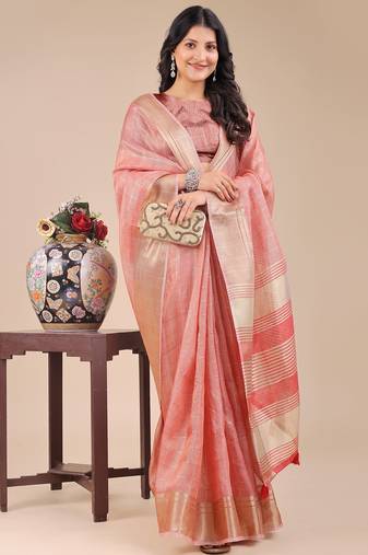 peach color solid orgenza zari border  saree 