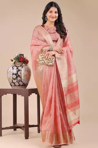 peach color solid orgenza zari border  saree 