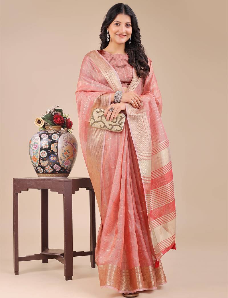 peach color solid orgenza zari border  saree 
