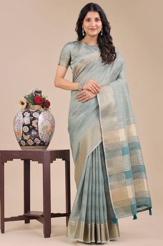 sea green color solid orgenza zari border  saree 