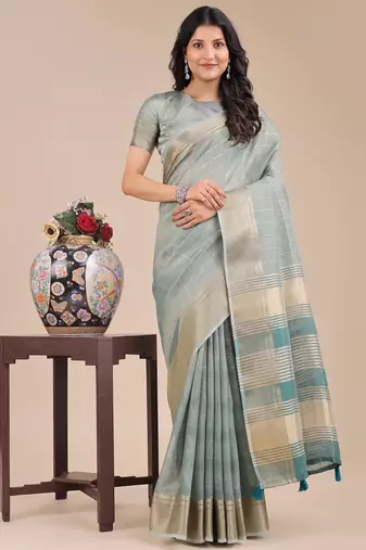 sea green color solid orgenza zari border  saree 