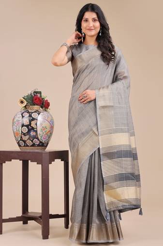 grey color solid orgenza zari border  saree 