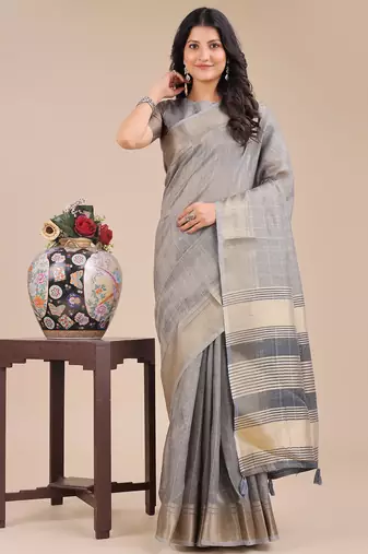grey color solid orgenza zari border  saree 