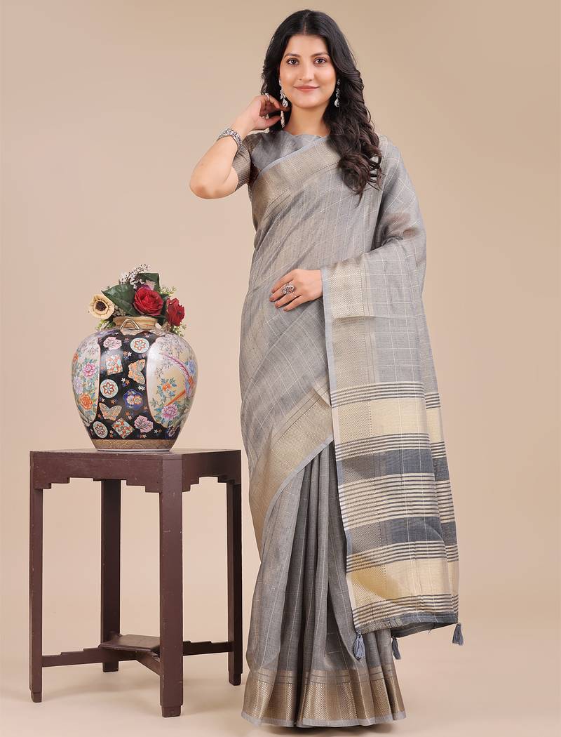 grey color solid orgenza zari border  saree 
