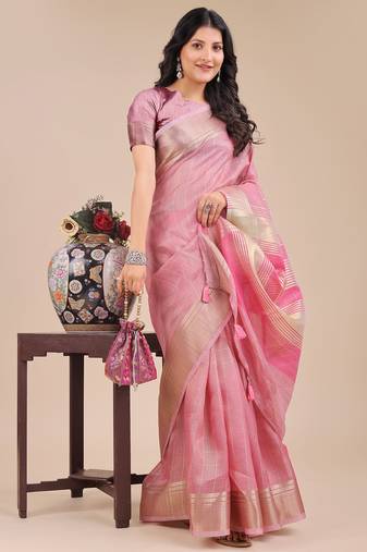 pink color solid orgenza zari border  saree 