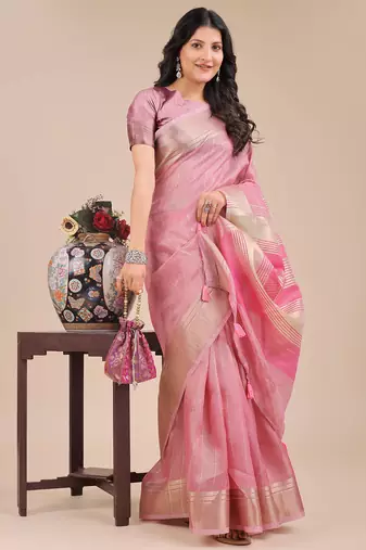 pink color solid orgenza zari border  saree 
