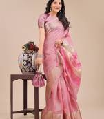 pink color solid orgenza zari border  saree 
