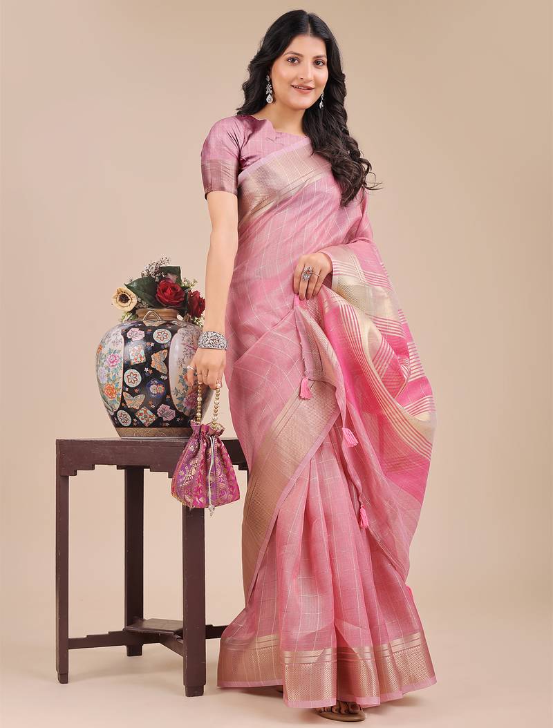 pink color solid orgenza zari border  saree 