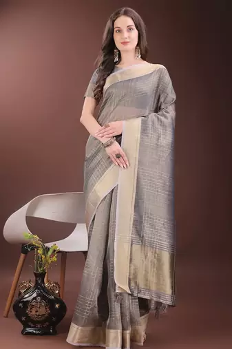 grey color solid orgenza zari border  saree 