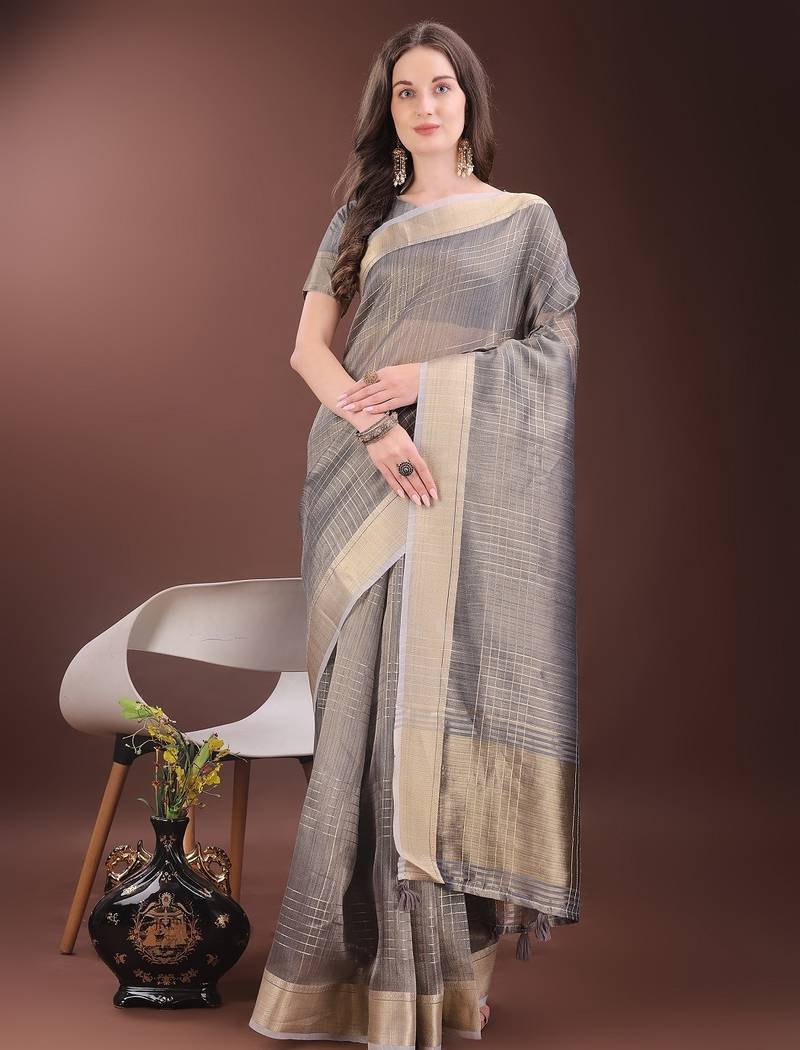 grey color solid orgenza zari border  saree 