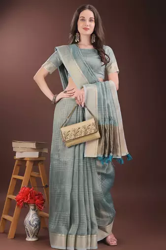 light blue color solid orgenza zari border  saree 