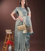 light blue color solid orgenza zari border  saree 