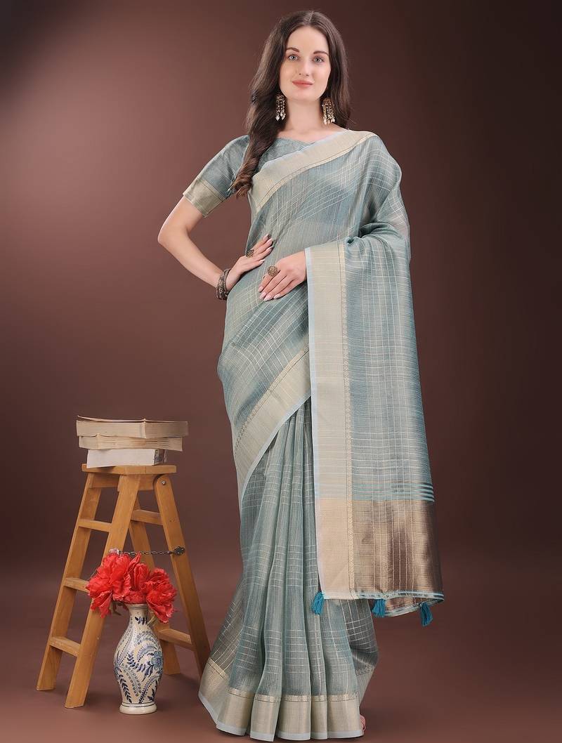 light blue color solid orgenza zari border  saree 