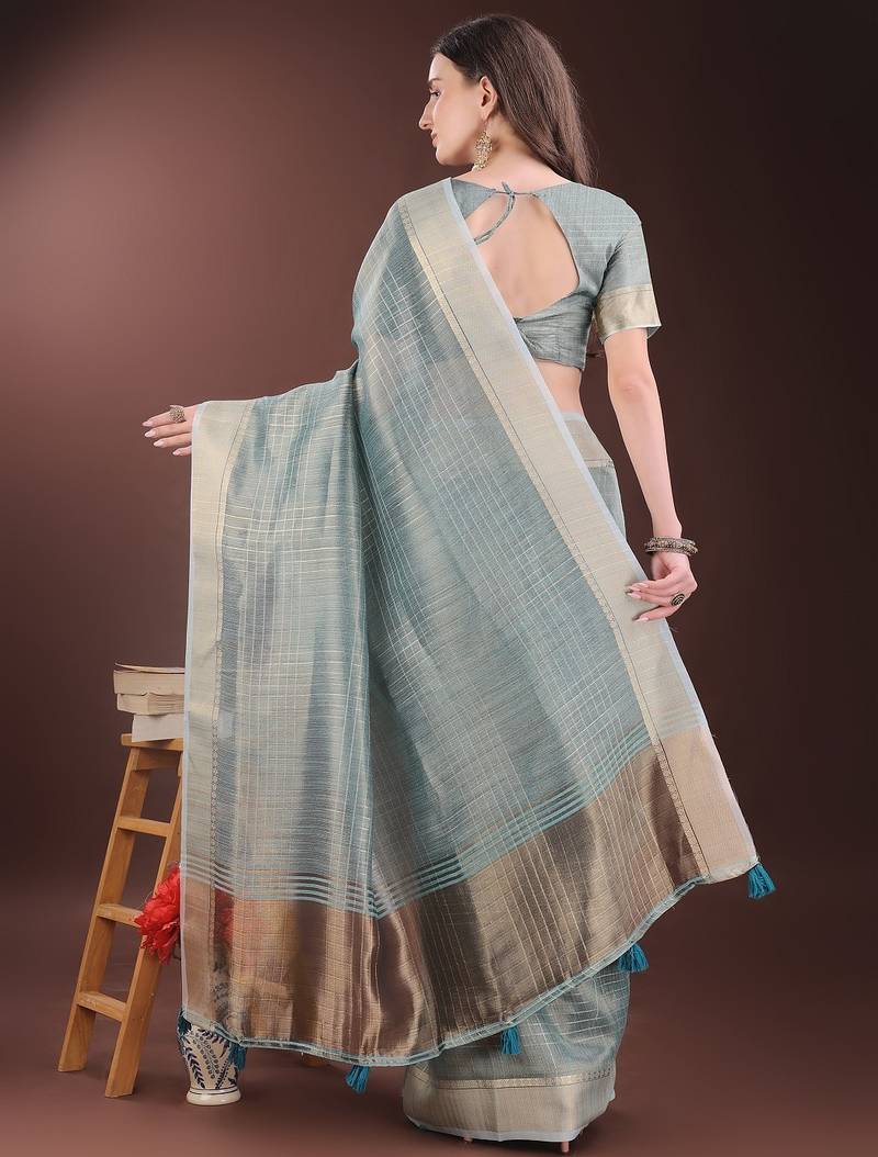 light blue color solid orgenza zari border  saree 