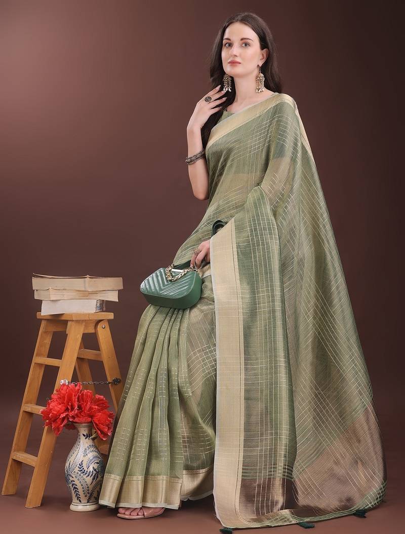 green color solid orgenza zari border  saree 