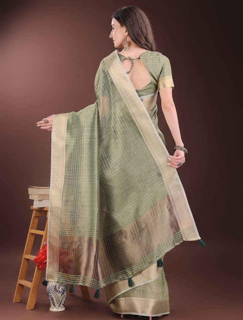 green color solid orgenza zari border  saree 