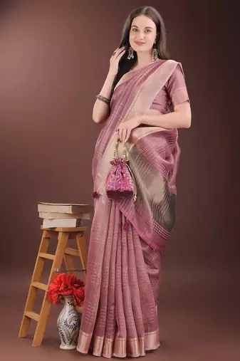 pink color solid orgenza zari border  saree 