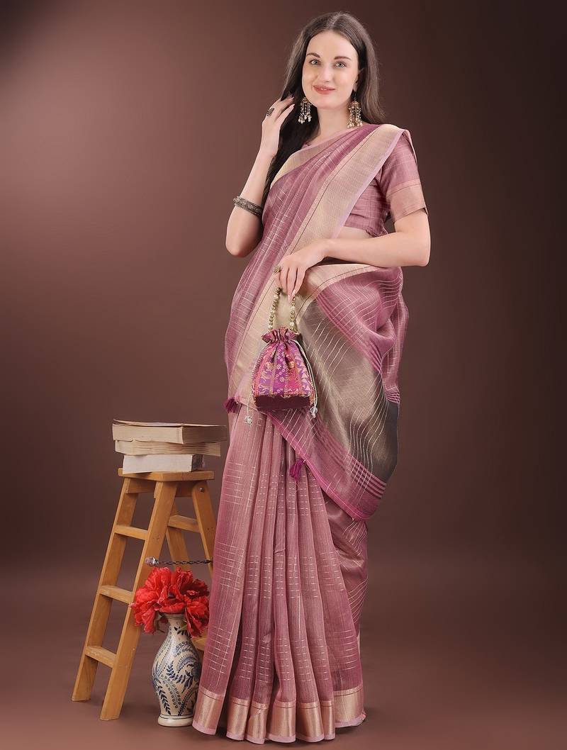 pink color solid orgenza zari border  saree 