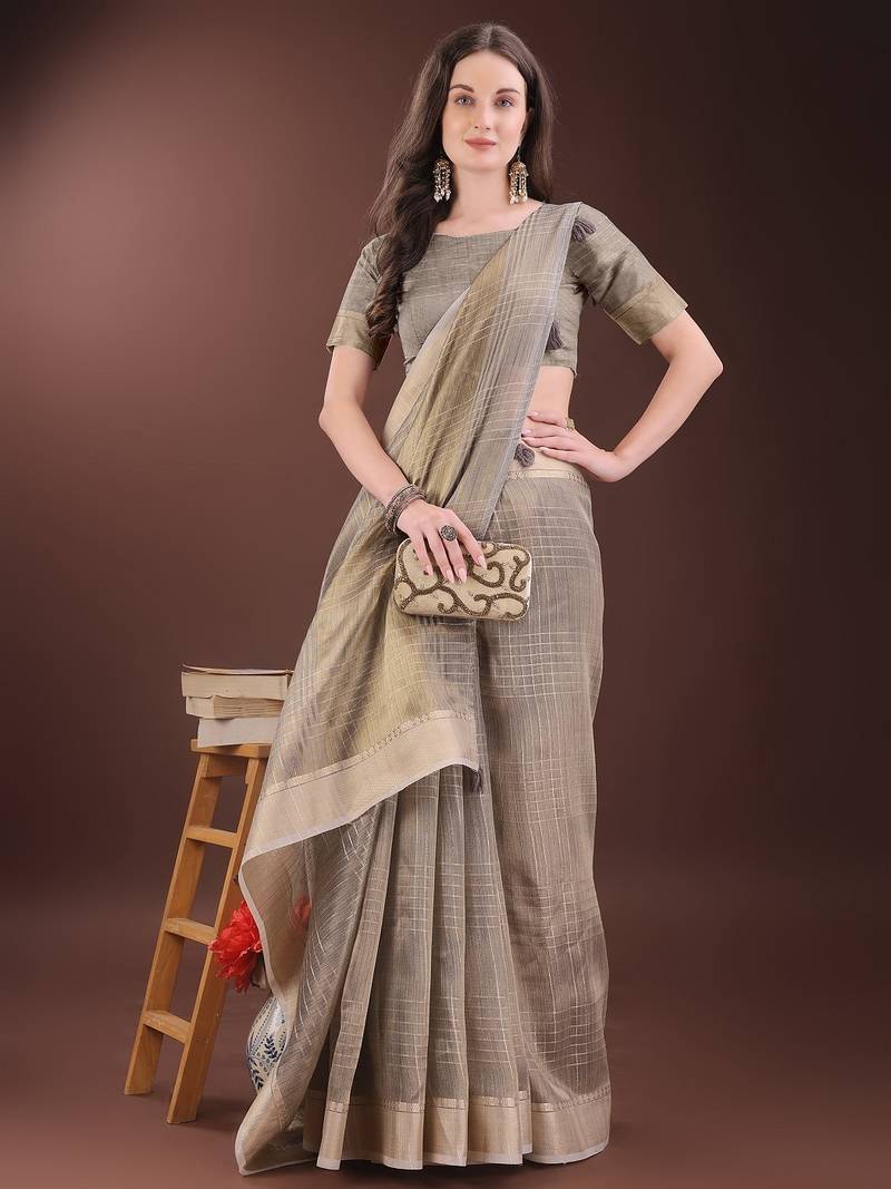 beige color solid orgenza zari border  saree 