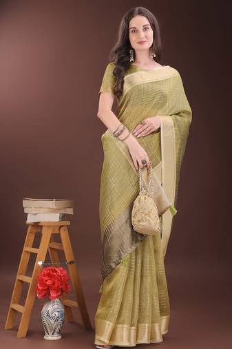 mehandi green color solid orgenza zari border  saree 